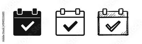 Calendar with checkmark icons set. Date selection, event confirmation, appointment, and scheduling symbols in flat, outline, and hand-drawn styles.