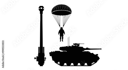 Military Tank, Parachutist, and Artillery Gun Silhouette - Airborne Assault Concept