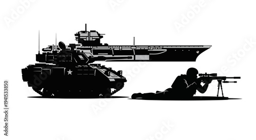 Military Tank, Aircraft Carrier, and Sniper Silhouette - War and Defense Concept