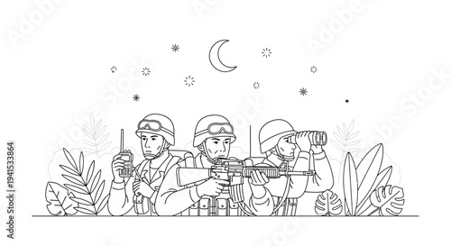 Military Team Night Operation: Soldiers with Rifle, Radio, Binoculars under Moonlit Sky