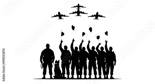 Military Team with Dog and Airplanes Dropping Parachutes