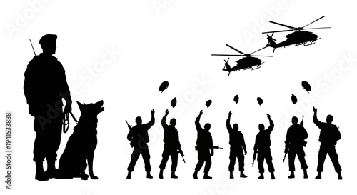 Military Teamwork: Soldier, Dog, Helicopters, and Soldiers Celebrating Victory