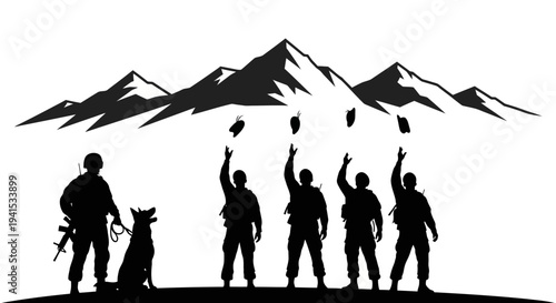 Military Team with Dog Celebrating Victory in Mountains