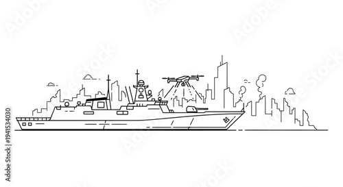 Modern warship with drone launching over futuristic city skyline, defense technology concept