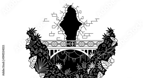 Mysterious Portal Through Broken Wall Over Ancient Bridge in Dense Jungle