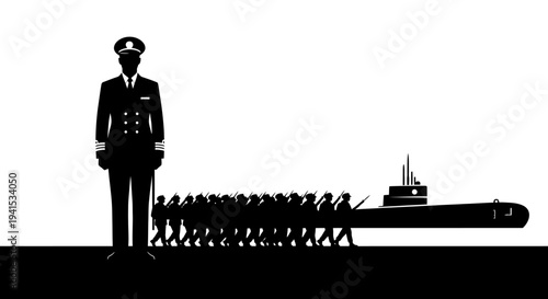 Naval Officer Leads Submarine Crew Marching Past Submarine