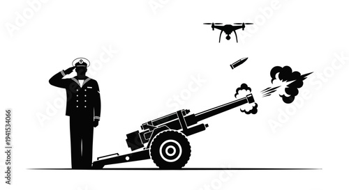 Navy Officer Salutes Cannon Firing with Drone Overhead