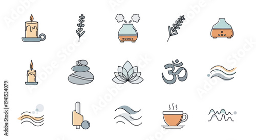 Collection of Spa and Wellness Icons: Candle Lavender Stones Lotus and Aromatherapy.