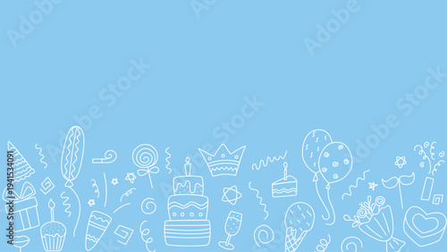 Blue horizontal banner for birthday, holiday, anniversary, or baby shower. Template with hand drawn silhouettes of celebration elements. Festive layout with copyspace, vector graphics