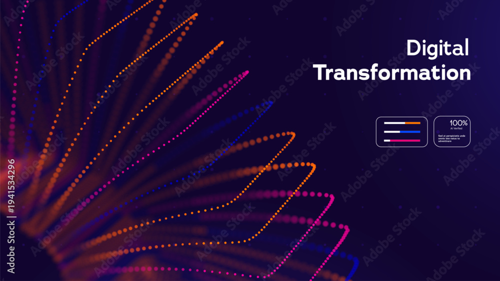 Naklejka premium Futuristic Digital Technology Background. Digital Transformation Concept With Colorful Data Dots On Dark Background. Digital Transformation Ideas For Big Data Analytics. Vector Illustration.