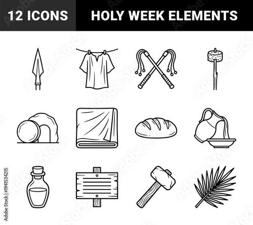 Easter Holy Week religious symbols for liturgical and educational materials. Minimalist monoline illustrations featuring the passion and resurrection of Christ.