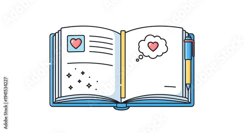 Open Illustrated Notebook with Heart Icons and Pen.