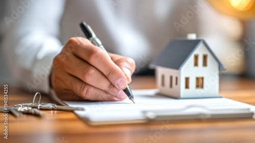 A hand writes on a document with a small house model nearby. This image depicts home buying and real estate deals. It captures the essence of property ownership and investment. AI