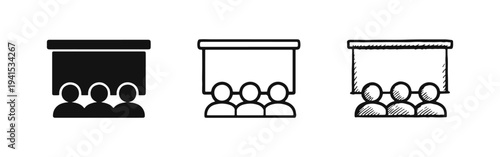 Audience watching presentation screen icons set. Meeting and seminar attendees symbols for learning in flat, outline, and hand-drawn styles.