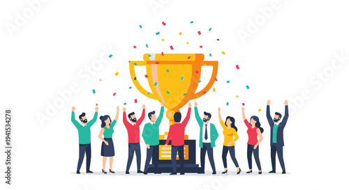 Team Celebrating Victory with Golden Trophy and Confetti Achieving Success Together.