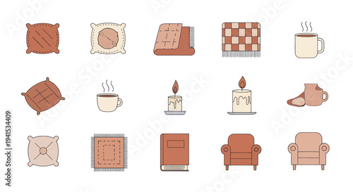 Cozy Home Comforts Collection: Pillows Blankets Candles and Armchairs.