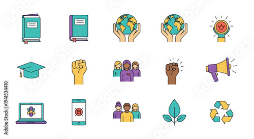Colorful Flat Design Icons for Education Environment and Social Justice.