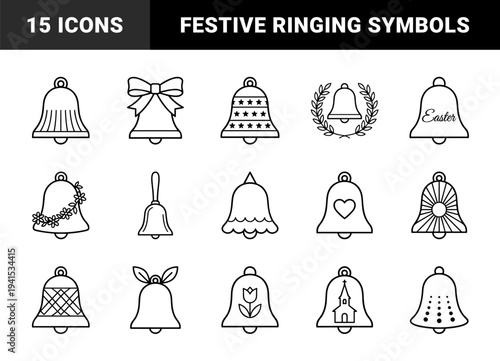Traditional celebration bell outlines for festive event branding. Monoline geometric pictograms featuring seasonal ornaments and classic ringing bell silhouettes.