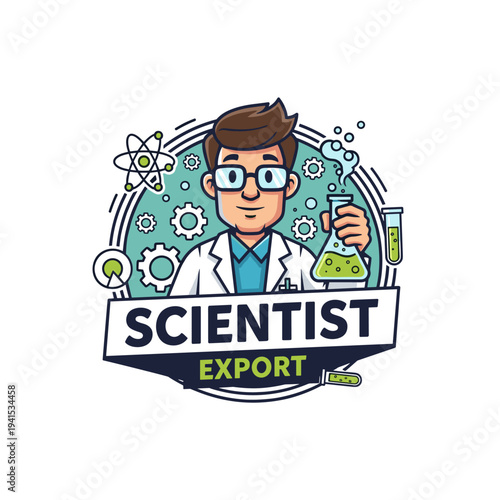 Cartoon male scientist in lab coat holding a chemical flask surrounded by scientific elements