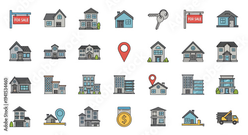 Collection of House and Building Icons with Real Estate Elements.