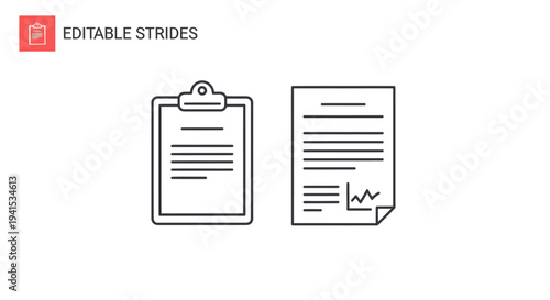 Vector line icons of a clipboard and a signed paper document.