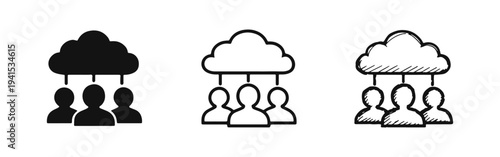 Cloud Computing and Teamwork Icon Set: People Connected to Cloud Network in Diverse Styles