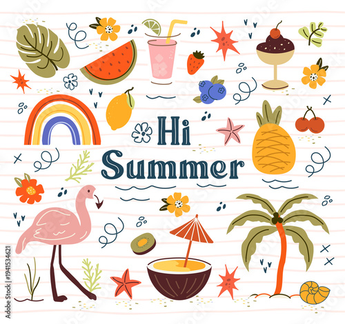 trendy, tropical fruits, desserts, summer elements. naive, summer set, isolated elements on a white background. minimalist, childish, naive style. for print, banner, social networks, business. art png