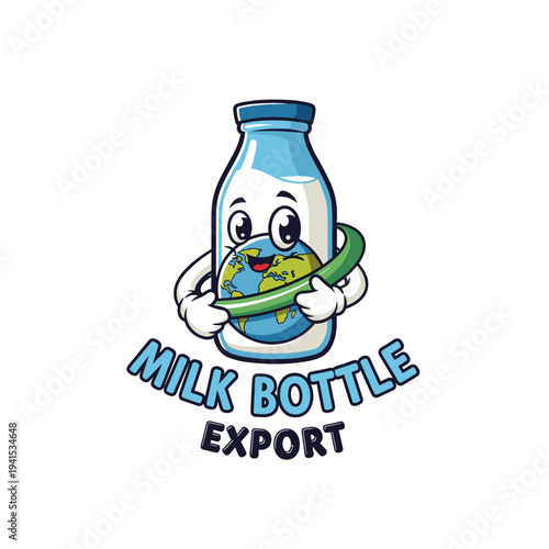 Cartoon milk bottle mascot holding Earth globe symbolizing global dairy export