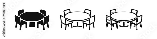 Round table and chairs icons set. Group meeting, discussion, and collaboration symbols in flat, outline, and hand-drawn styles.