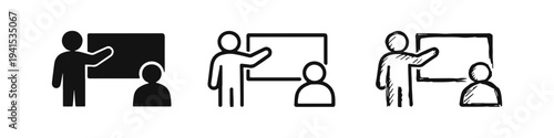 Teaching and Presentation Icon Set: Lecturer Explaining to Student, Educational Training Symbols