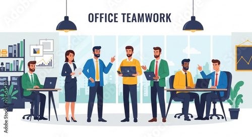 Diverse office team collaborating and working together in modern workspace