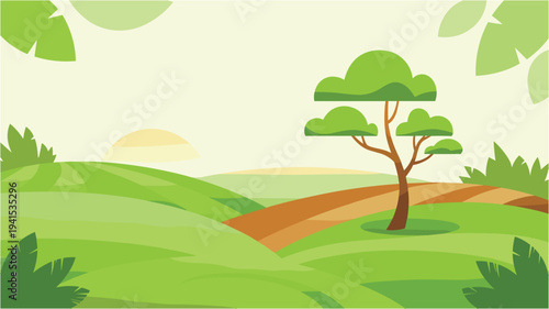 Eco friendly cartoon landscape with green hills and sunset