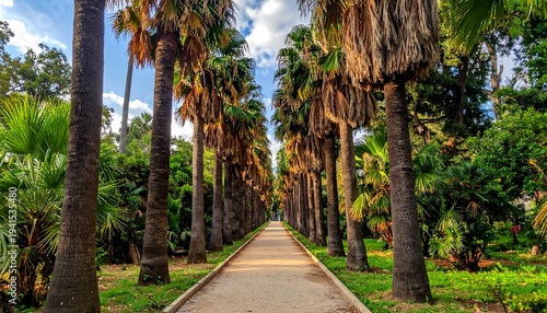 Palm tree-lined path receding into distance. Lush greenery flanks each side. Sky is visible above