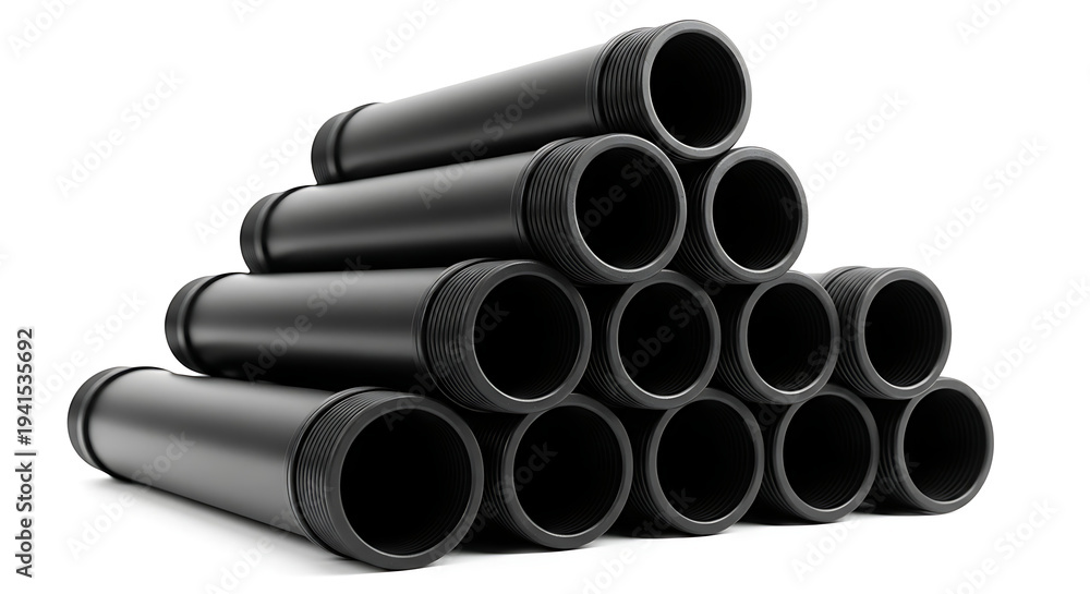 Fototapeta premium Stack of black plastic pipes isolated on white background