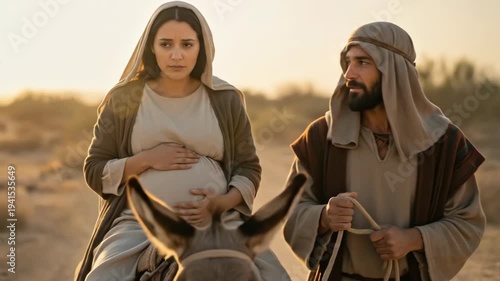 Pregnant woman and man walking in desert with donkey. Holy family journey to Bethlehem for nativity. Biblical scene of Mary and Joseph in ancient Israel travel.