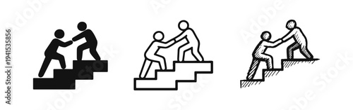 Helping Hand on Stairs Icons Set. Teamwork and Support Climbing Concept Vector. Mentorship and Assistance Symbol Collection in Three Styles