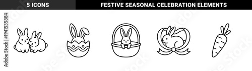 Easter holiday celebration elements featuring cute rabbits and festive eggs. Minimalist bold monoline illustrations for seasonal greeting cards and spring decorations.