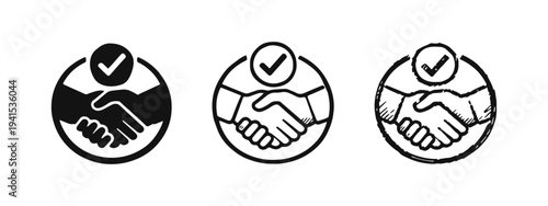 Confirmed Handshake Agreement Icons Set. Verified Business Deal Concept Vector. Partnership Approved Symbol Collection in Three Styles