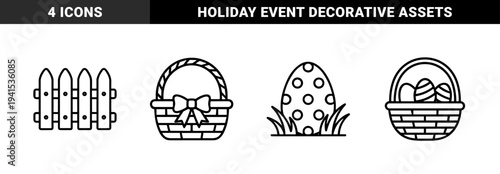 Easter holiday celebration elements and spring garden ornaments. Bold monoline graphic assets featuring wicker baskets, picket fence, and decorated egg in grass.