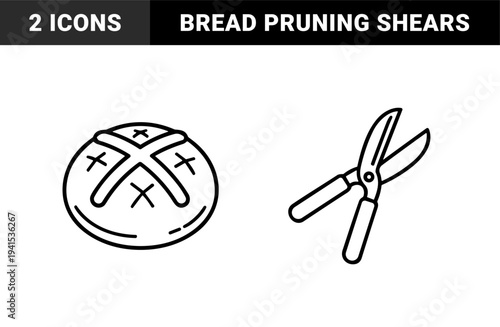 Artisanal bakery and gardening tools in monoline style. Handcrafted bread loaf and pruning shears for home hobbyist and organic lifestyle branding.