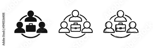Business Team Meeting Icons Set. Corporate Collaboration and Workgroup Concept Vector. Professional Partnership Symbol Collection in Three Styles