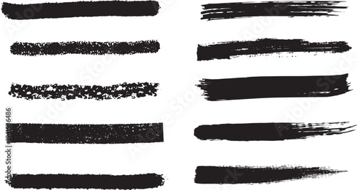 Black grunge brush strokes set isolated on transparent background. Rough paint brush lines, dry ink streaks and underline stroke elements collection