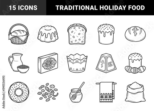 Traditional Orthodox Easter bakery and holiday celebration elements. Minimalist monoline bold stroke illustrations featuring kulich bread, pascha cheese, and ceremonial eggs.