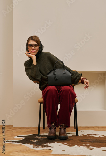 Stylish woman with handbag in elegant outfit posing indoors