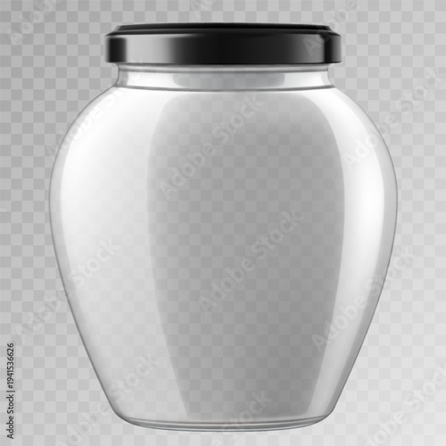 Glass jar isolated mockup. Empty clear glass container with metal black lid, closed transparent 3d glassware for homemade jam and canning food, preservation and conservation, realistic 3d vector