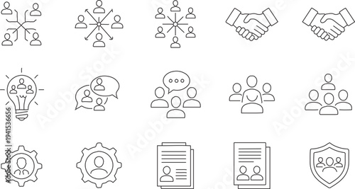 Set of 15 Outline Business and Teamwork Vector Icons for Collaboration, Networking, Partnership, and Human Resources isolated PNG with Transparent Background