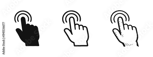 Hand cursor click icon set in solid, outline, and sketchy styles. User interface pointer tap symbol collection.