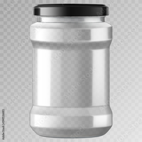Glass jar isolated mockup. Empty clear glass container with metal black lid, closed transparent 3d glassware for homemade jam and canning food, preservation and conservation, realistic 3d vector