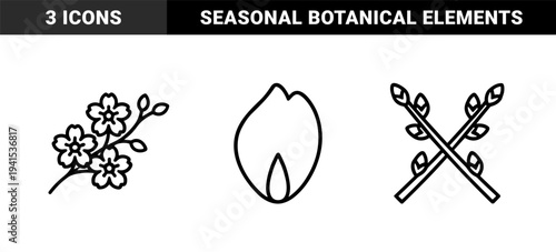 Spring floral botanical elements featuring cherry blossom branch and budding pussy willow stems. Minimalist monoline line art for seasonal wedding stationery and nature branding.