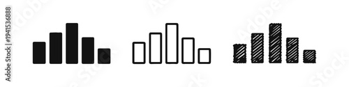 Bar chart graph icon set for data visualization, business analytics in solid, outline, and sketch styles. Statistical report vector icons.